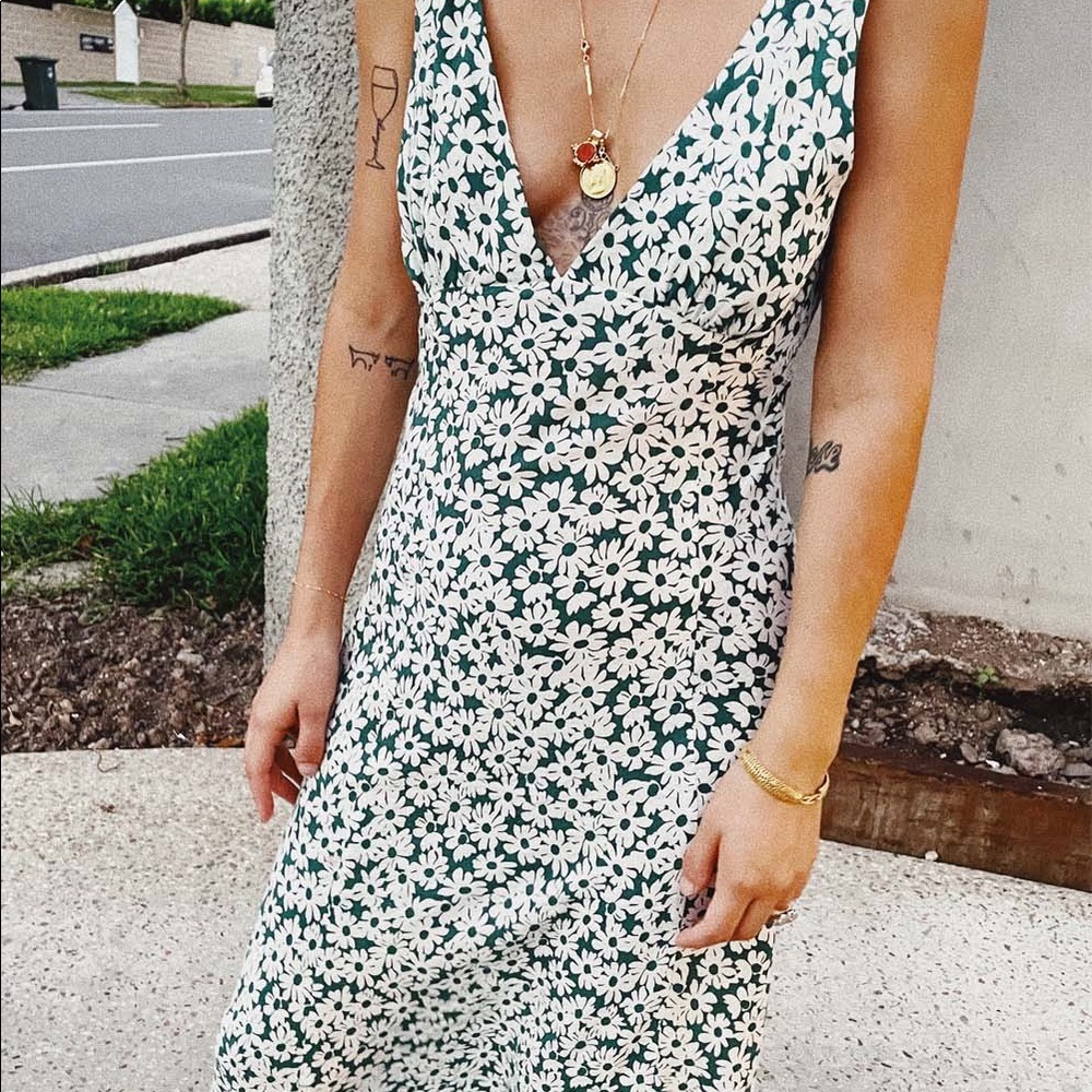 Green and white floral midi dress